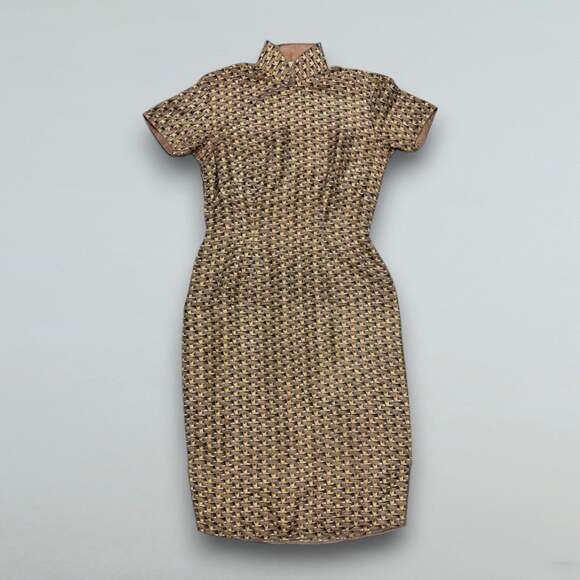 Lee Tak Hung Co. Dresses & Skirts - Vintage Woven Print Mandarin Collar Fitted Midi Dress